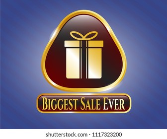  Gold emblem with gift box icon and Biggest Sale Ever text inside