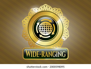 Gold emblem with globalization icon and Wide-ranging text inside