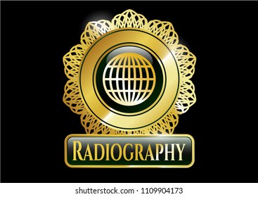  Gold emblem with globe, website icon and Radiography text inside