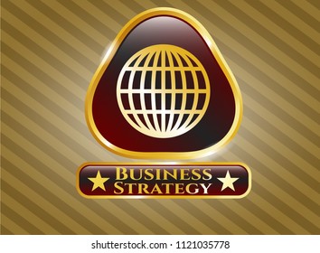  Gold emblem with globe, website icon and Business Strategy text inside