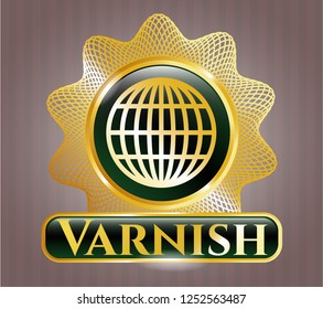  Gold emblem with globe, website icon and Varnish text inside