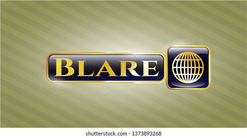  Gold emblem with globe, website icon and Blare text inside