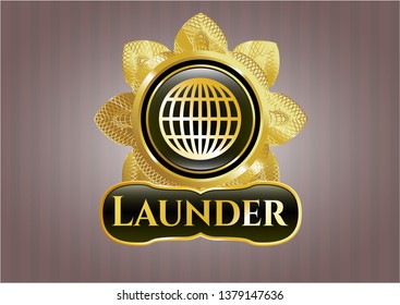  Gold emblem with globe, website icon and Launder text inside