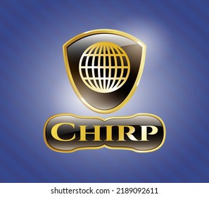 Emblema de oro con globo, icono de sitio web y texto de Chirp dentro