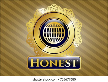  Gold emblem with globe, website icon and Honest text inside