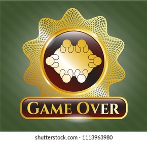   Gold emblem or Golden emblem or badge with business meeting teamwork icon and Game Over text inside badge with business meeting teamwork icon and Game Over text inside