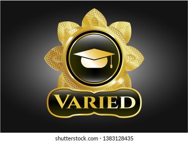  Gold emblem with graduation cap icon and Varied text inside