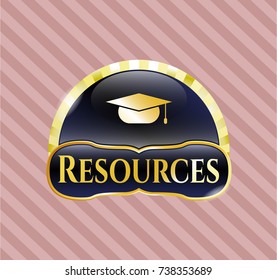  Gold emblem with graduation cap icon and Resources text inside