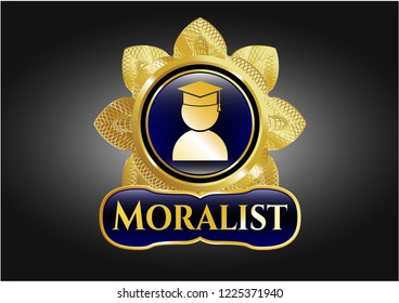  Gold emblem with graduation icon and Moralist text inside