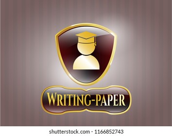  Gold emblem with graduation icon and Writing-paper text inside