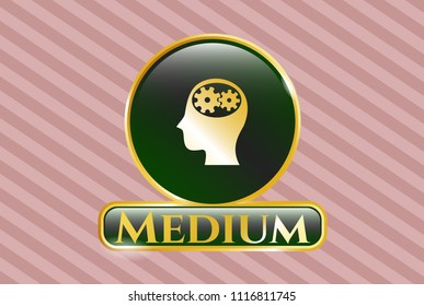  Gold emblem with head with gears inside icon and Medium text inside