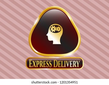  Gold emblem with head with gears inside icon and Express Delivery text inside