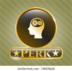  Gold emblem with head with gears inside icon and Perk text inside