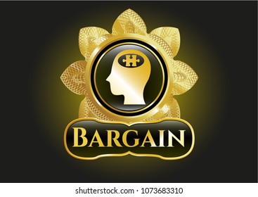  Gold emblem with head with jigsaw puzzle piece icon and Bargain text inside