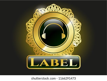  Gold emblem with headphones icon and Label text inside