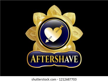  Gold emblem with heart with arrow icon and Aftershave text inside