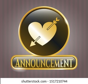  Gold emblem with heart with arrow icon and Announcement text inside