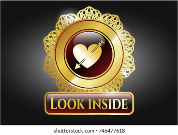  Gold emblem with heart with arrow icon and Look inside text inside