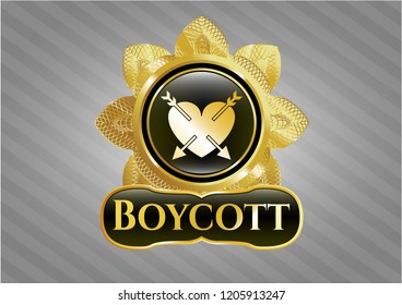  Gold emblem with heart with two arrows icon and Boycott text inside