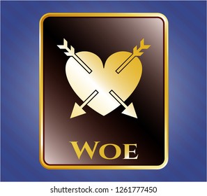  Gold emblem with heart with two arrows icon and Woe text inside