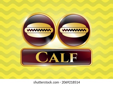 Gold emblem with hot dog icon and Calf text inside