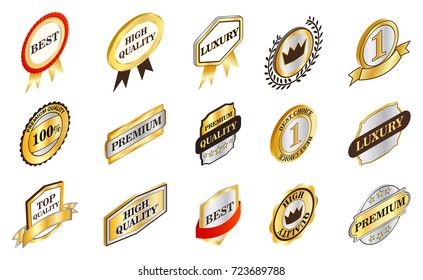 Gold emblem icon set. Isometric set of gold emblem vector icons for web isolated on white background