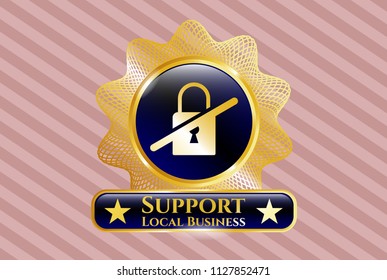  Gold emblem with inaccessible icon and Support Local Business text inside