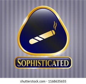  Gold emblem with joint, cigarette icon and Sophisticated text inside
