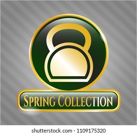   Gold emblem with kettlebell icon and Spring Collection text inside