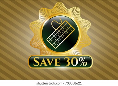  Gold emblem with keyboard icon and Save 30% text inside