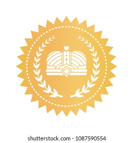 Gold emblem with kings crown and laurel branches. Approval sign with heraldic symbols. Quality certificate isolated vector illustration