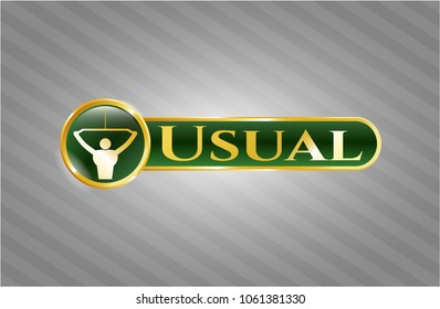  Gold emblem with lat pull down, exercise icon and Usual text inside