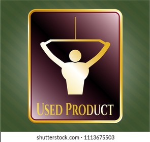   Gold emblem with lat pull down, exercise icon and Used Product text inside