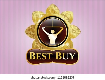  Gold emblem with lat pull down, exercise icon and Best Buy text inside