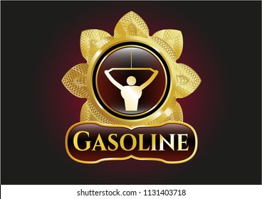  Gold emblem with lat pull down, exercise icon and Gasoline text inside
