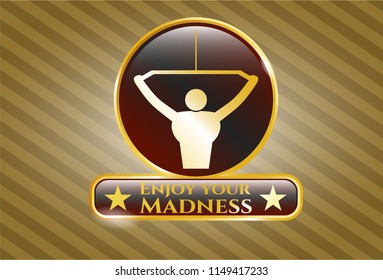  Gold emblem with lat pull down, exercise icon and Enjoy your Madness text inside