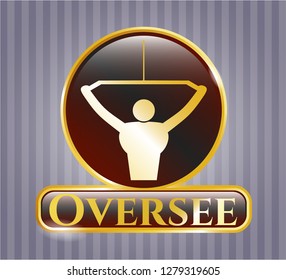  Gold emblem with lat pull down, exercise icon and Oversee text inside