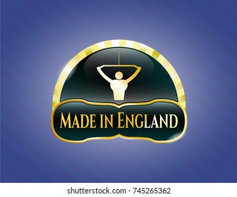  Gold emblem with lat pull down, exercise icon and Made in England text inside