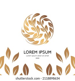 Gold emblem with leaves in a circle shape. Can be used for jewelry, beauty and fashion industry. Great for logo, monogram, invitation, flyer, menu, background, or any desired idea.
