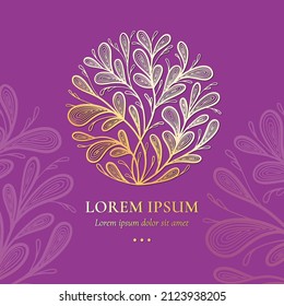 Gold emblem with leaves in a circle shape. Can be used for jewelry, beauty and fashion industry. Great for logo, monogram, invitation, flyer, menu, background, or any desired idea.