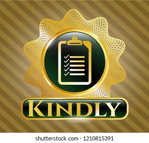  Gold emblem with list icon and Kindly text inside