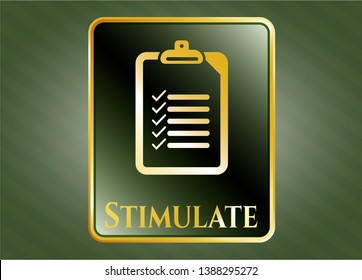  Gold emblem with list icon and Stimulate text inside