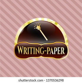  Gold emblem with magic stick icon and Writing-paper text inside