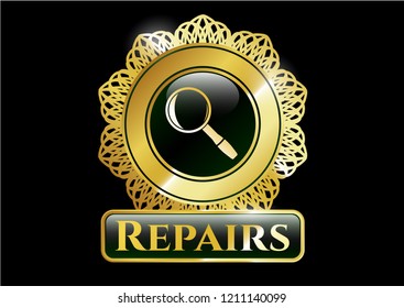  Gold emblem with magnifying glass icon and Repairs text inside