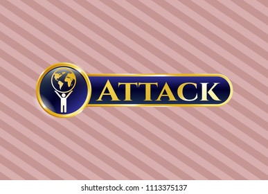   Gold emblem with man lifting world icon and Attack text inside