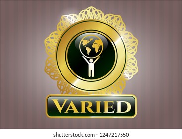  Gold emblem with man lifting world icon and Varied text inside
