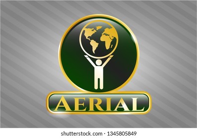  Gold emblem with man lifting world icon and Aerial text inside