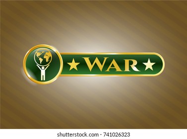  Gold emblem with man lifting world icon and War text inside