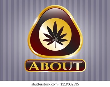  Gold emblem with marijuana leaf icon and About text inside