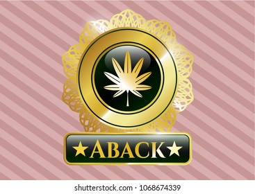  Gold emblem with marijuana leaf, weed icon and Aback text inside
